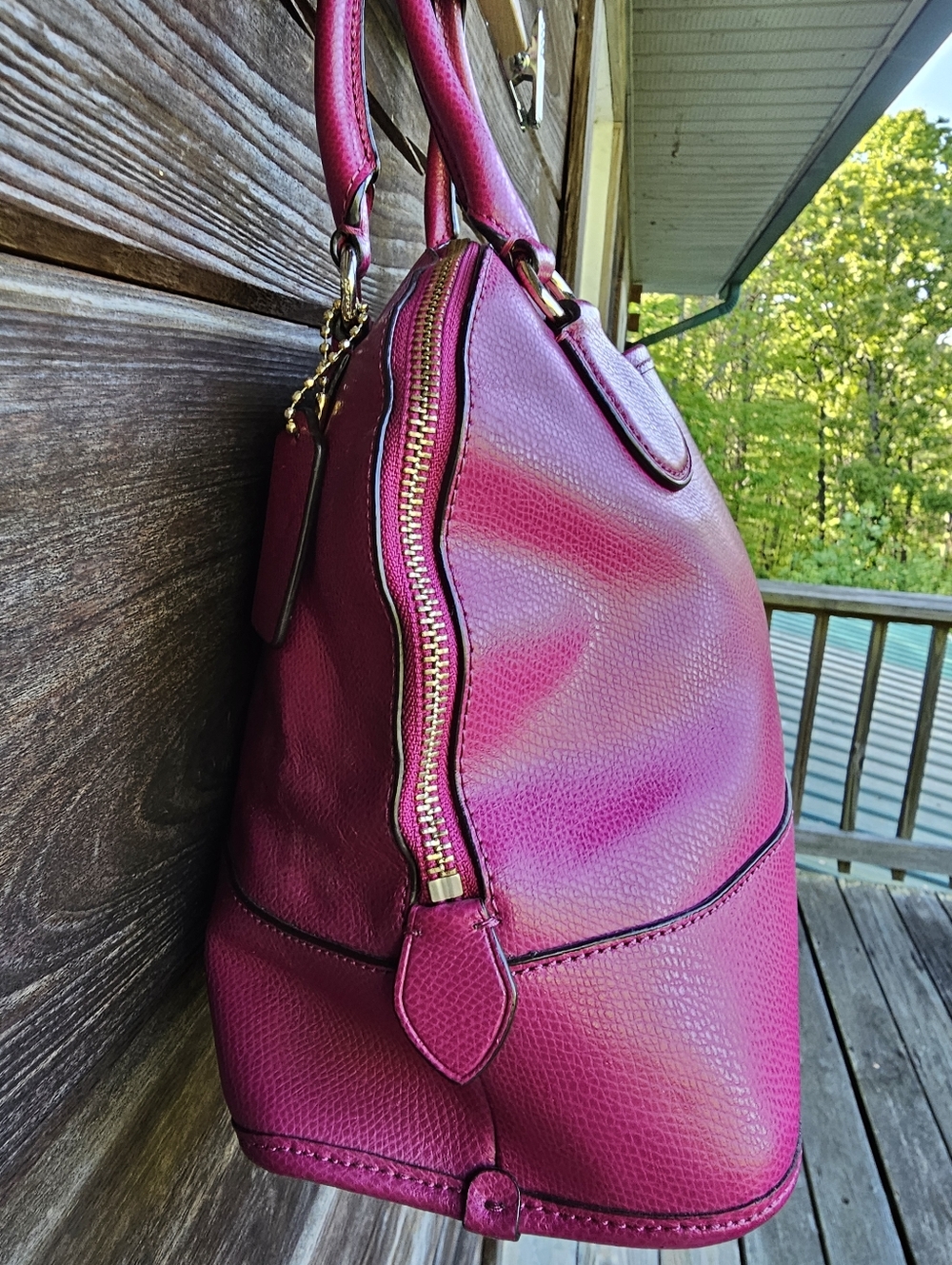 Coach Magenta Pebbled Leather Satchel Purse | Top Handle | Gold Hardware - Picture 5 of 16
